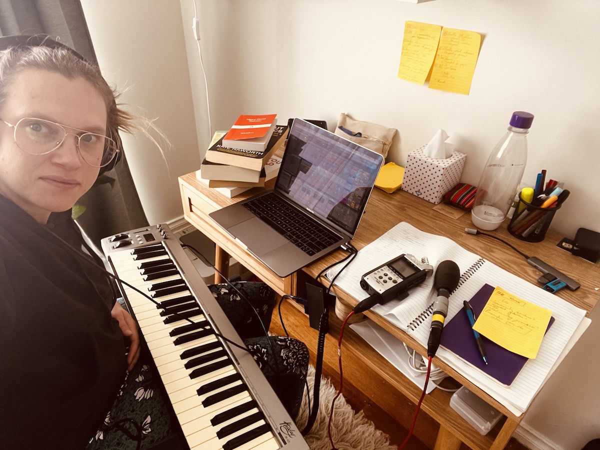 Artist Jess Fairfax working on her audio piece for Things Found in Books